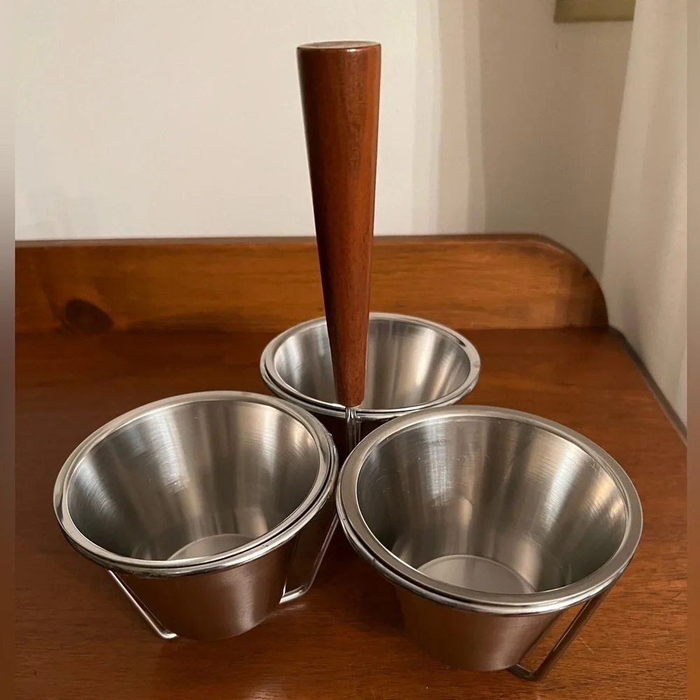 Vintage Stainless Steel & Wood Condiment Caddy - snack caddy